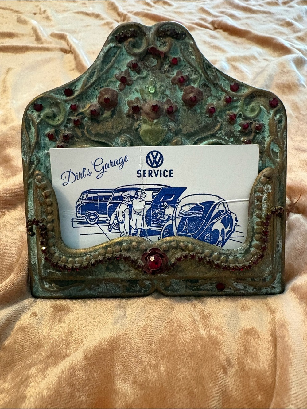 Victorian Teal Green and Red Decorative Metal Desk Card Holder